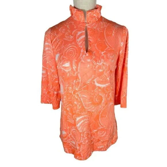 Key West Hand Print Vanda Rare Neon Orange Nautical 3/4 Sleeve Vintage Top - Picture 1 of 12